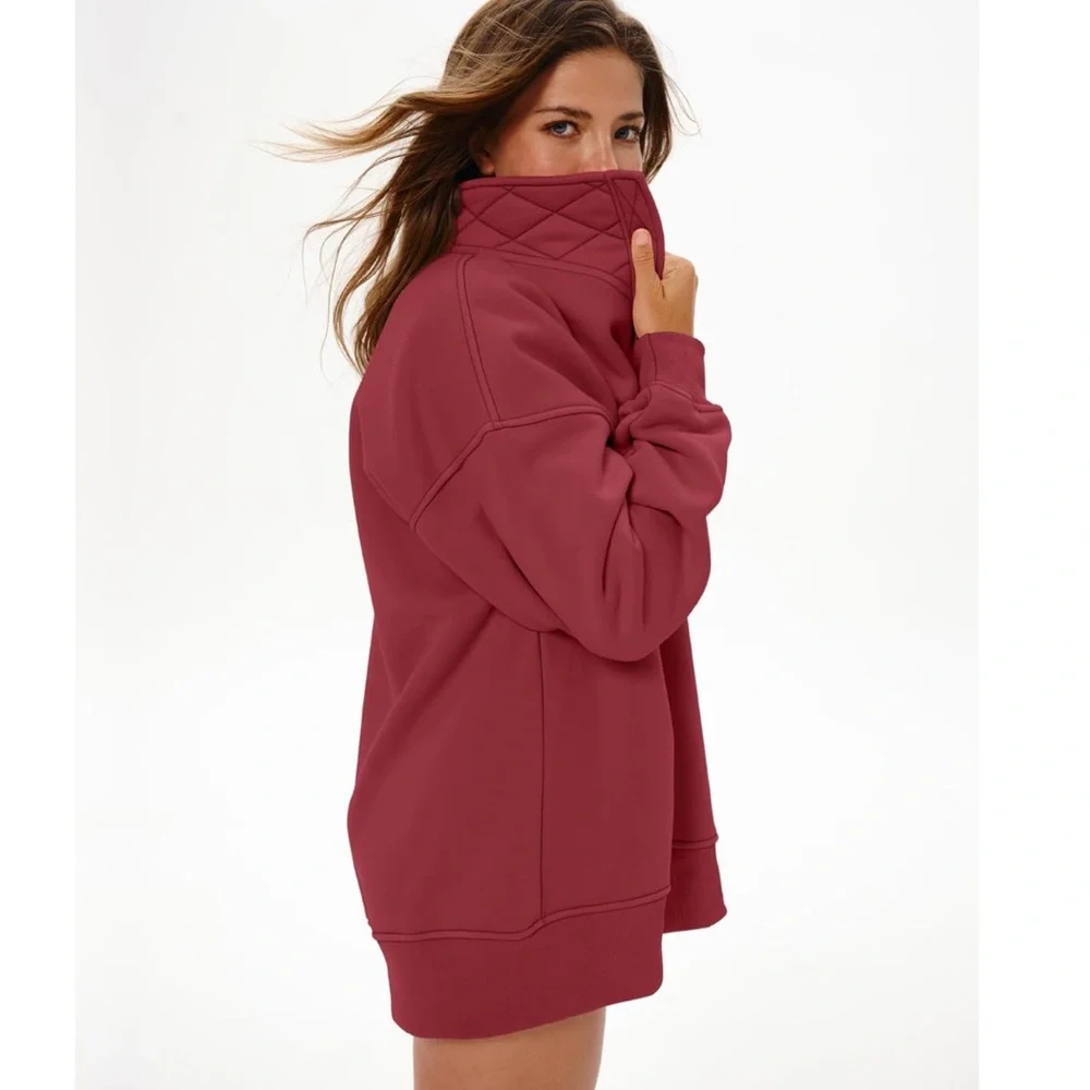NWT Locachy Henley Neck Button Oversized Sweatshirt Burgundy size small - Picture 3 of 7